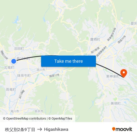 秩父別2条9丁目 to Higashikawa map