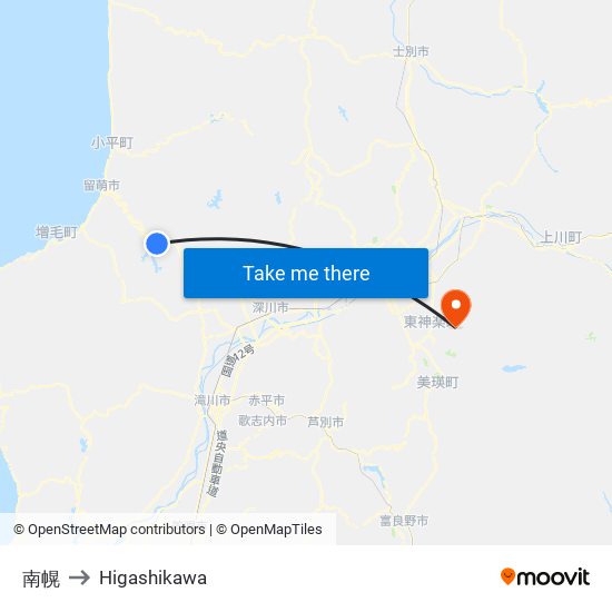 南幌 to Higashikawa map