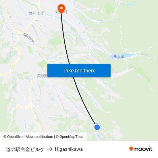 道の駅白金ビルケ to Higashikawa map