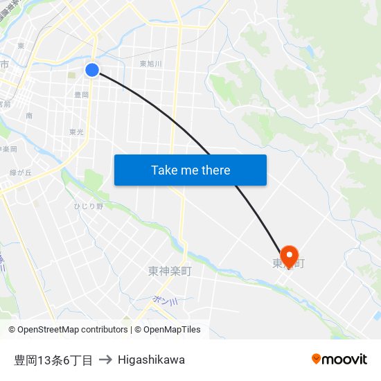 豊岡13条6丁目 to Higashikawa map