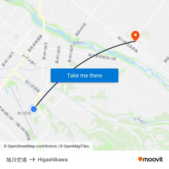 旭川空港 to Higashikawa map