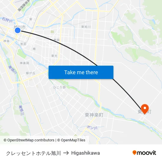 クレッセントホテル旭川 to Higashikawa map