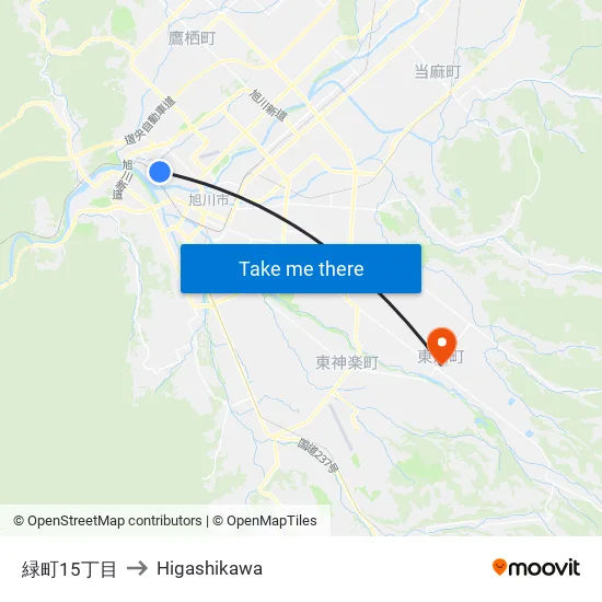 緑町15丁目 to Higashikawa map