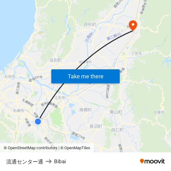 流通センター通 to Bibai map