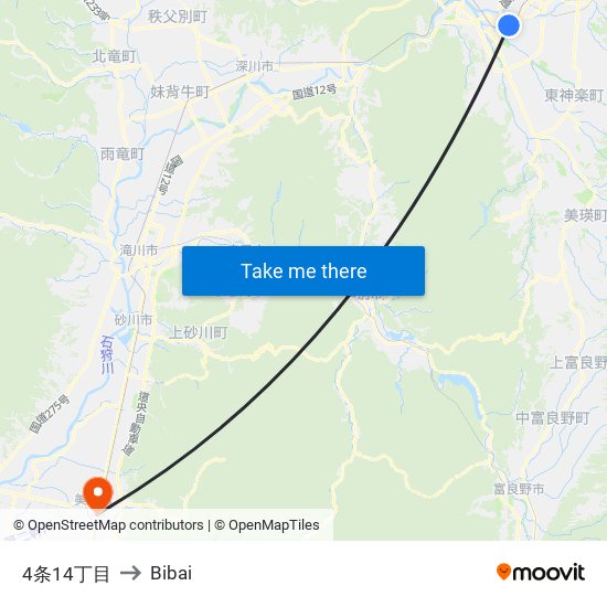 4条14丁目 to Bibai map