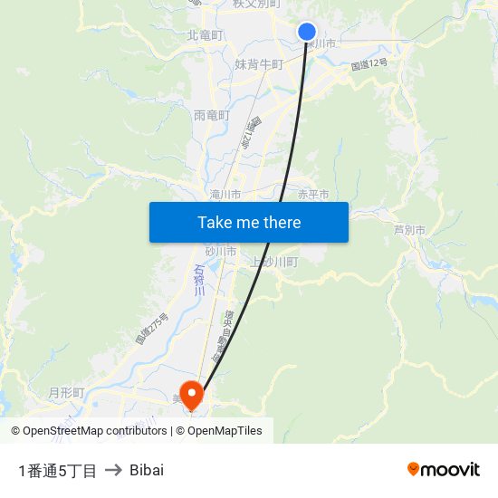 1番通5丁目 to Bibai map