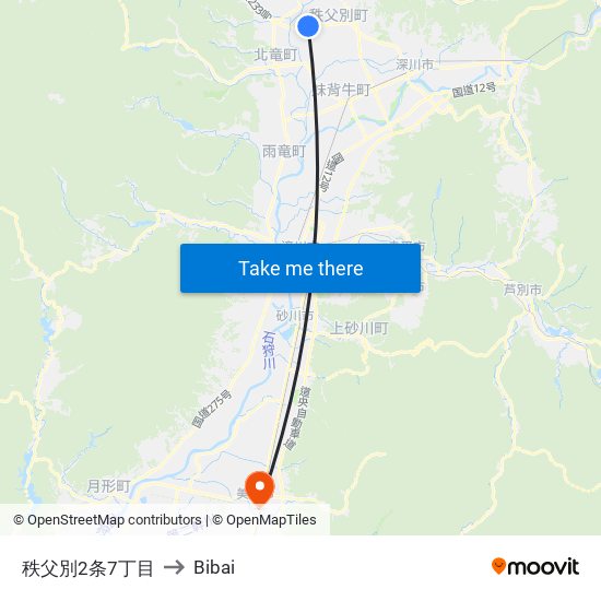 秩父別2条7丁目 to Bibai map