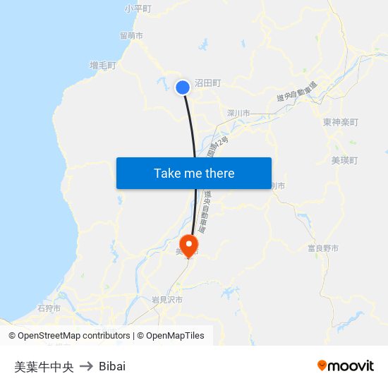 美葉牛中央 to Bibai map