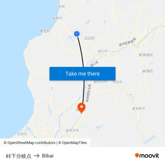 峠下分岐点 to Bibai map