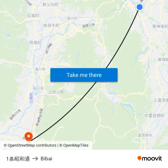 1条昭和通 to Bibai map