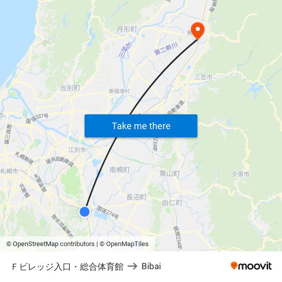 Ｆビレッジ入口・総合体育館 to Bibai map