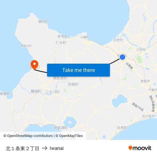 北１条東２丁目 to Iwanai map