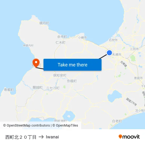 西町北２０丁目 to Iwanai map