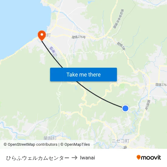 Hirafu Welcome Center to Iwanai map