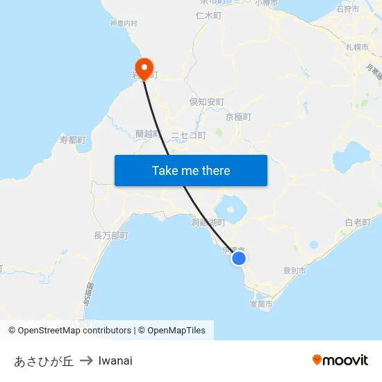Asahigaoka to Iwanai map