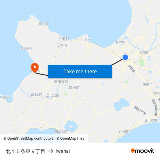 北１５条東９丁目 to Iwanai map