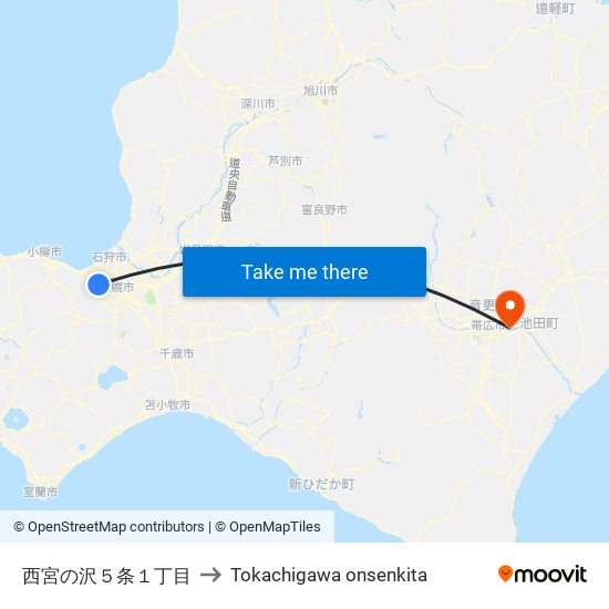 西宮の沢５条１丁目 to Tokachigawa onsenkita map