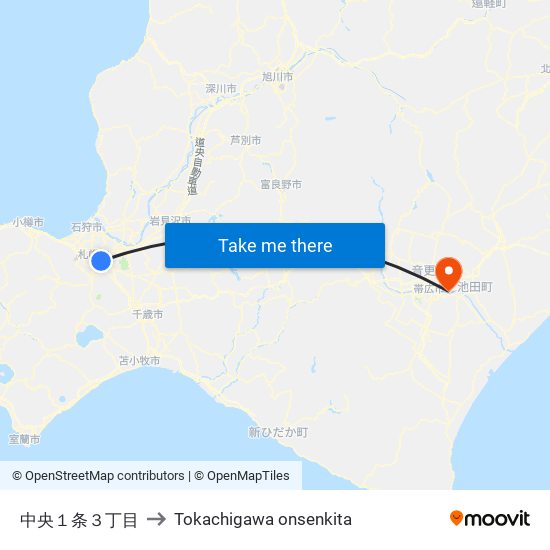 中央１条３丁目 to Tokachigawa onsenkita map