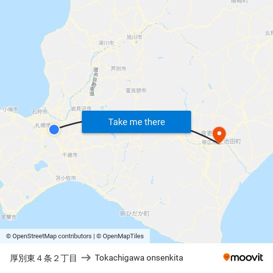 厚別東４条２丁目 to Tokachigawa onsenkita map