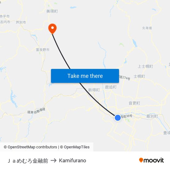 Ｊａめむろ金融前 to Kamifurano map