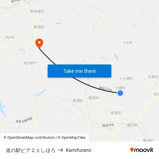 道の駅ピア２１しほろ to Kamifurano map