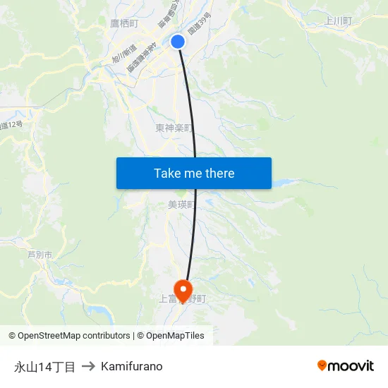 Nagayama 14-chome to Kamifurano map
