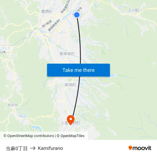当麻0丁目 to Kamifurano map