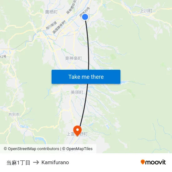 当麻1丁目 to Kamifurano map