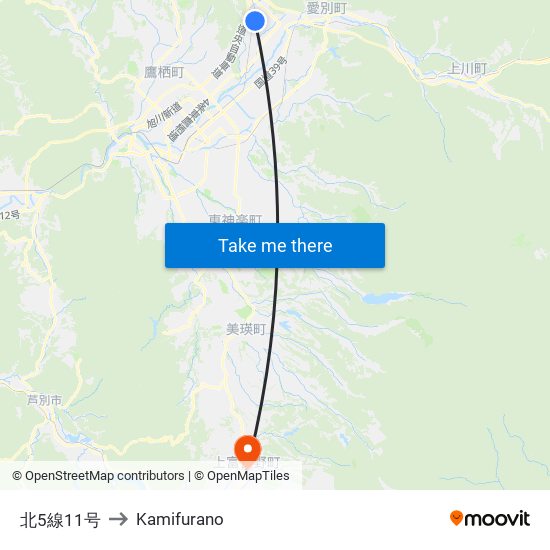 北5線11号 to Kamifurano map