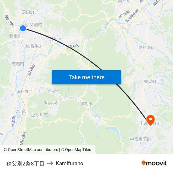 秩父別2条8丁目 to Kamifurano map