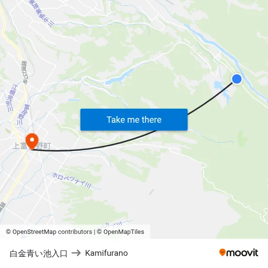 白金青い池入口 to Kamifurano map