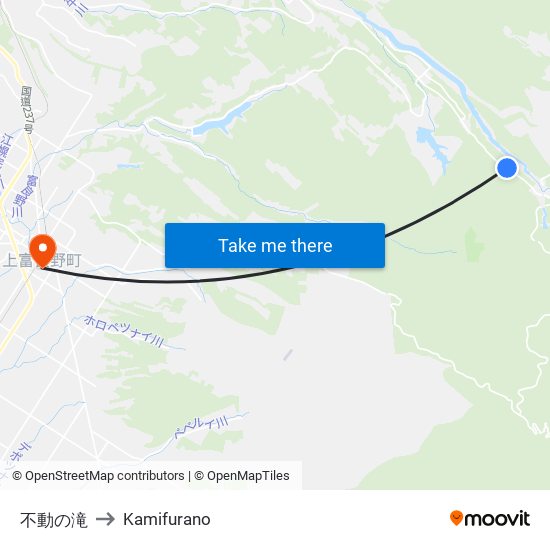 不動の滝 to Kamifurano map