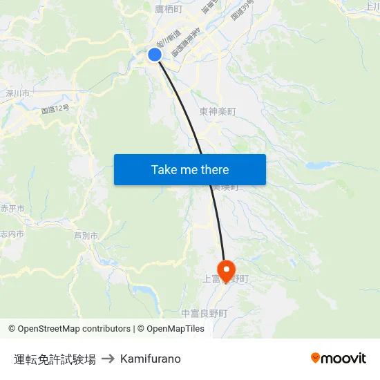 運転免許試験場 to Kamifurano map