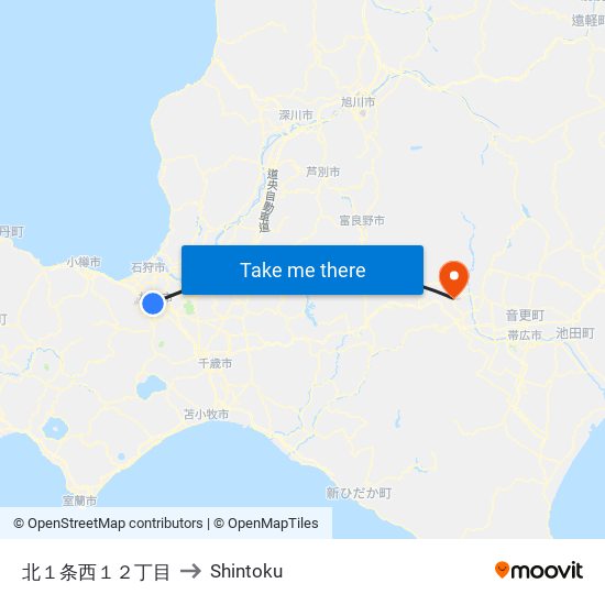 北１条西１２丁目 to Shintoku map