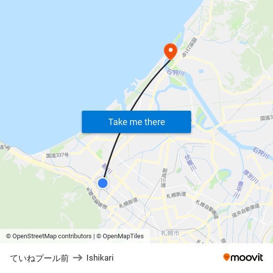 ていねプール前 to Ishikari map