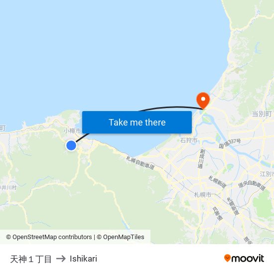 天神１丁目 to Ishikari map