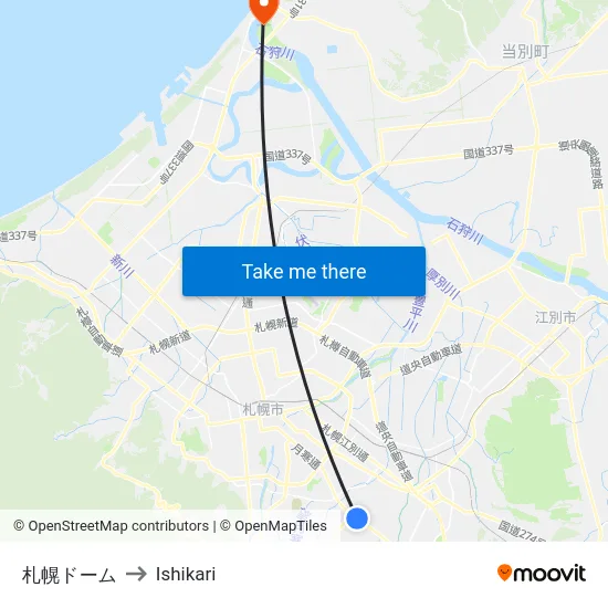 Sapporo Dome to Ishikari map