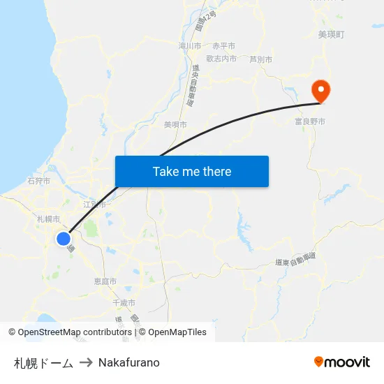Sapporo Dome to Nakafurano map