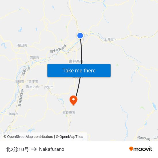 北2線10号 to Nakafurano map