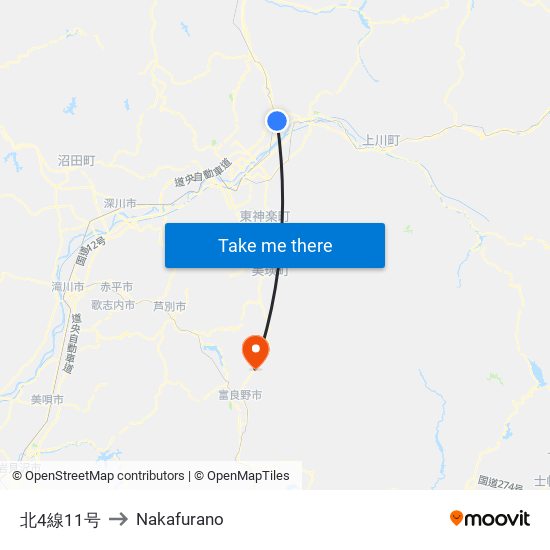 北4線11号 to Nakafurano map