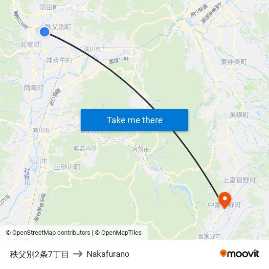 秩父別2条7丁目 to Nakafurano map