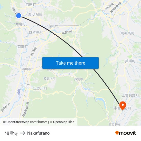 清雲寺 to Nakafurano map