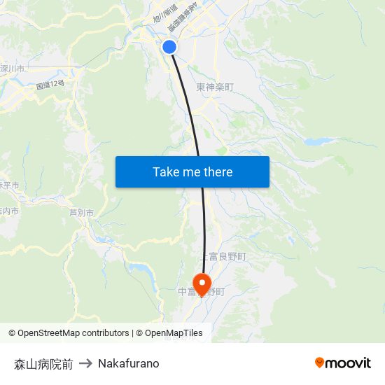 森山病院前 to Nakafurano map