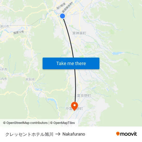 クレッセントホテル旭川 to Nakafurano map