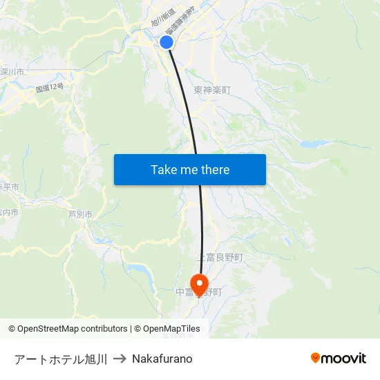 アートホテル旭川 to Nakafurano map