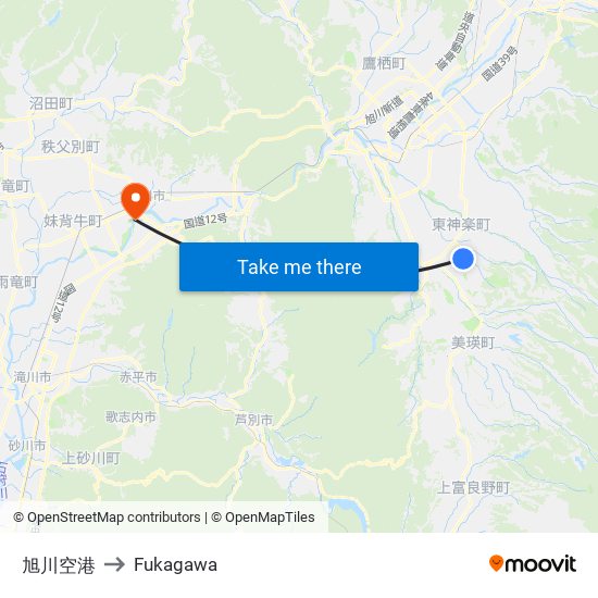 旭川空港 to Fukagawa map