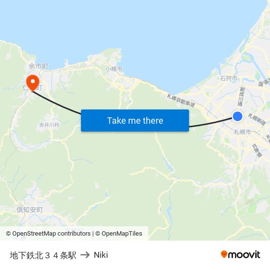 地下鉄北３４条駅 to Niki map