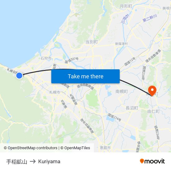 手稲鉱山 to Kuriyama map