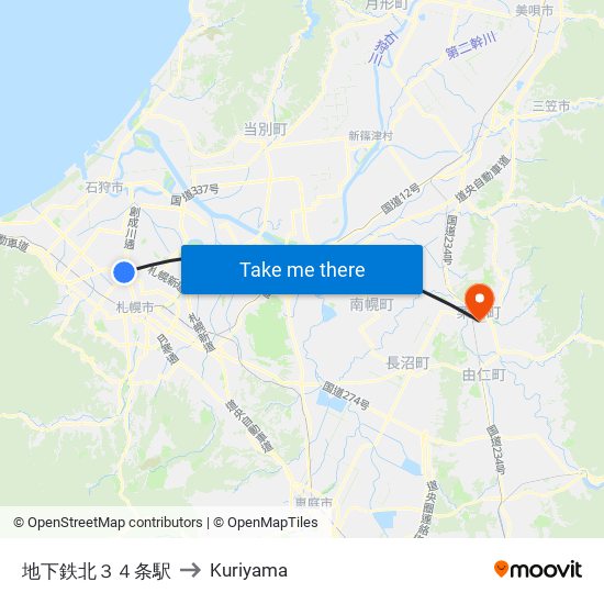 地下鉄北３４条駅 to Kuriyama map