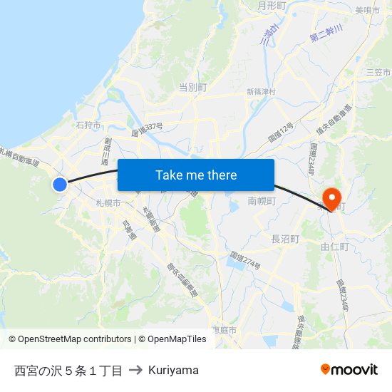 西宮の沢５条１丁目 to Kuriyama map